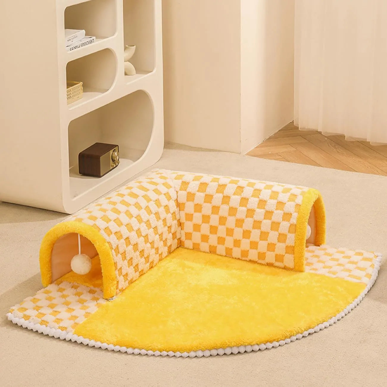 XL coffee and yellow plush 2-in-1 pet bed with a sleeping mat and attached tunnel, showing anti-slip base.