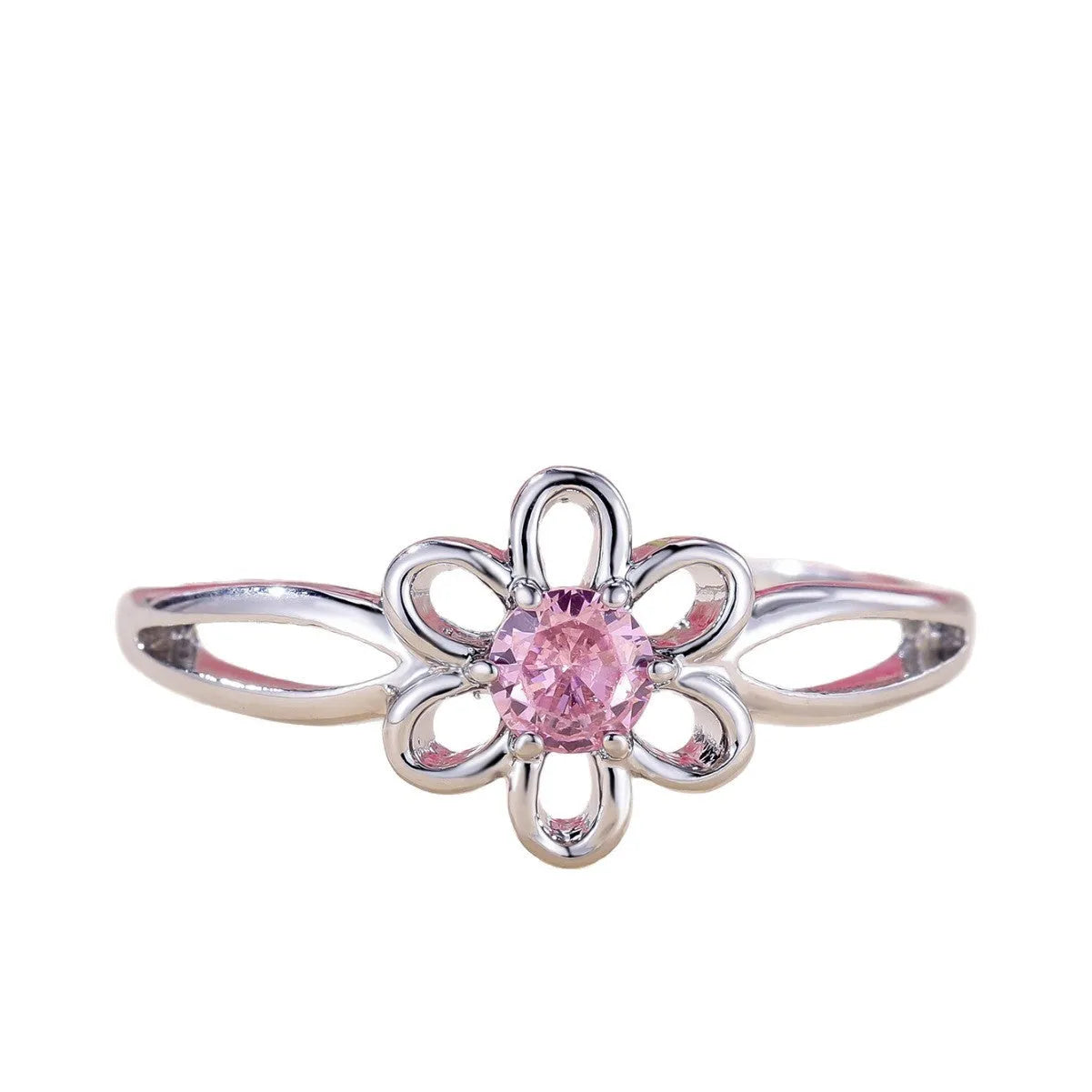 Lady's copper flower hollowed ring with electroplating finish in platinum pink diamond