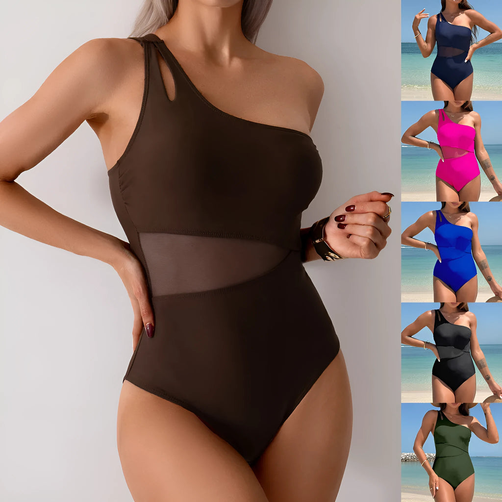 Women's one-piece swimsuit one-shoulder design nylon fabric sleeveless for swimming and wading