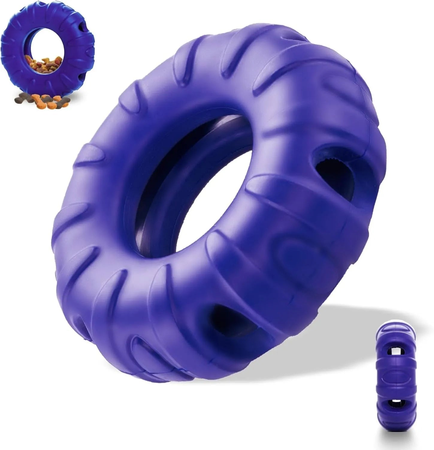 Blue, green, and red natural rubber tyre-shaped dog chew toy with oval openings for treat dispensing.