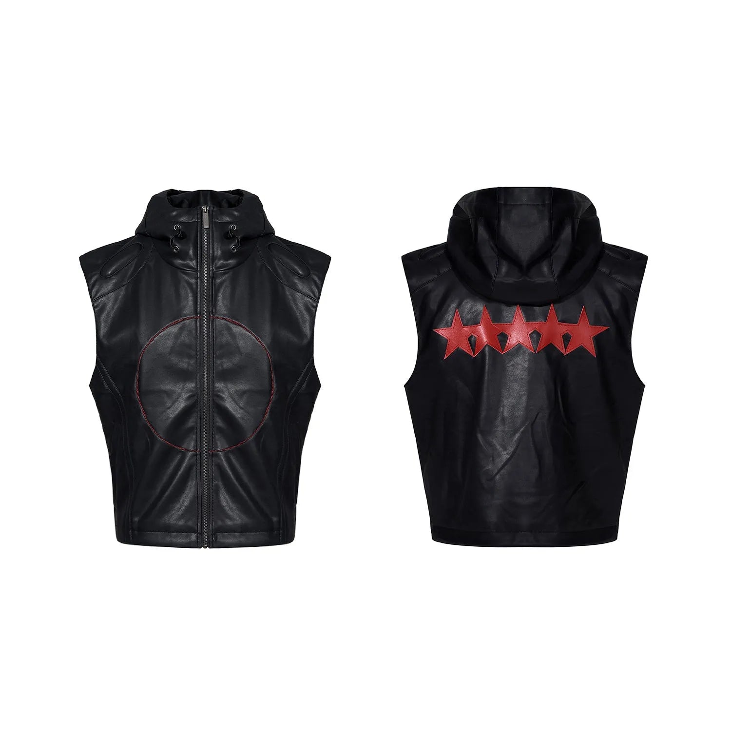 Black PU leather waistcoat for men with hooded collar and star detailing