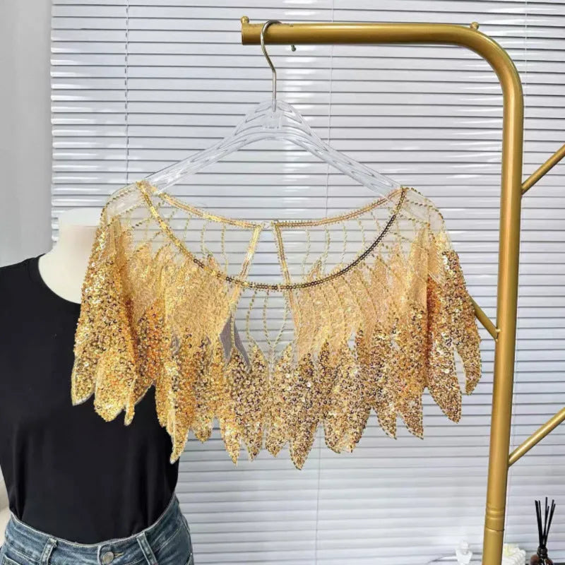 Champagne polyester bridal front and rear shawl draped over shoulders for wedding wear