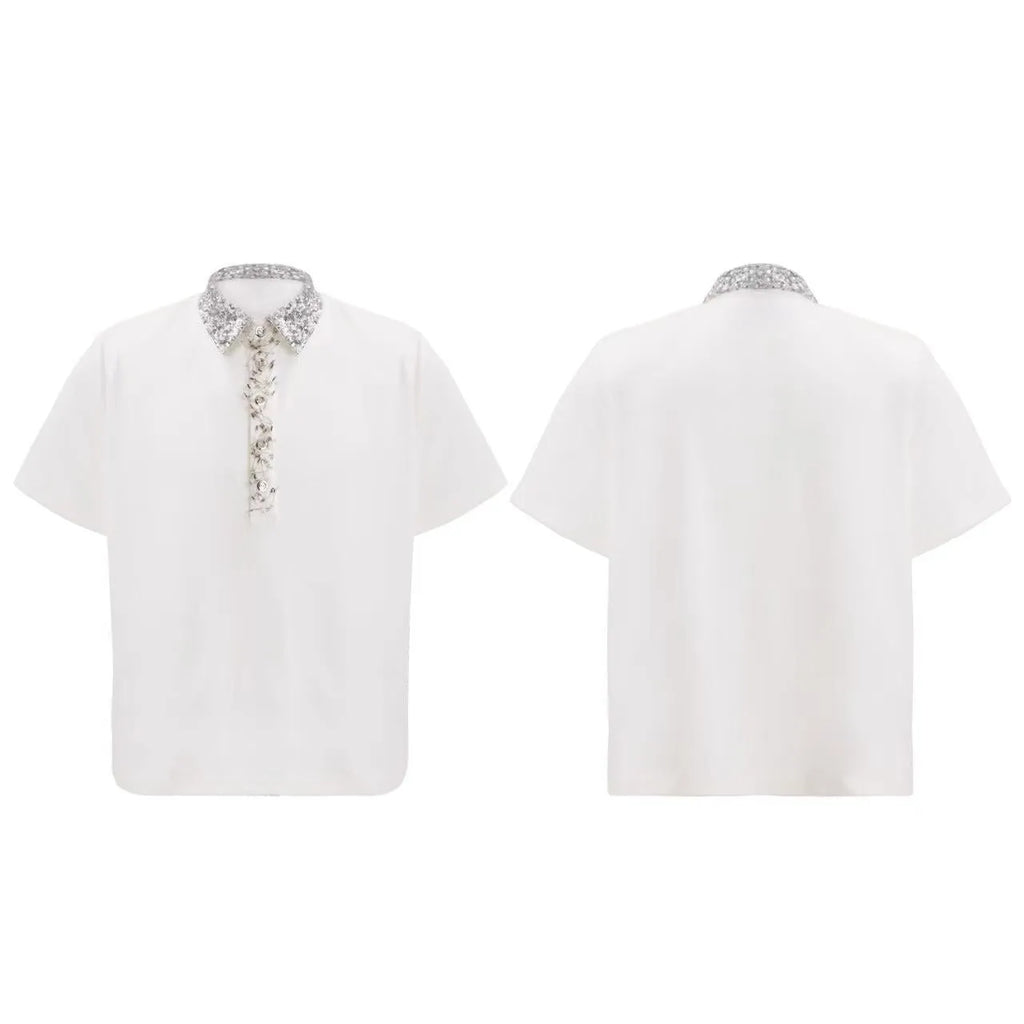 Men's black loose polo t-shirt with a square collar detailed with embroidery and sequins