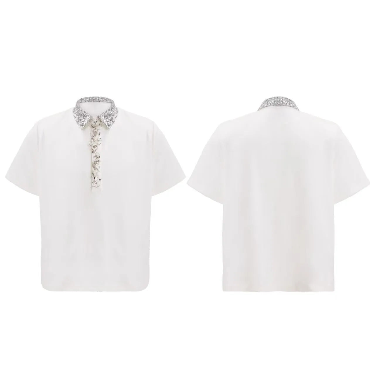 Men's black loose polo t-shirt with a square collar detailed with embroidery and sequins