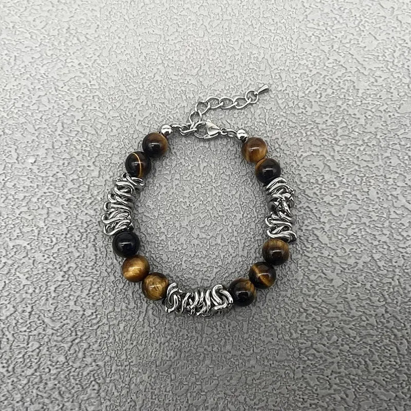 Men's beaded titanium steel bracelet with tigereye chain, geometric shape, unisex design for fashion wear