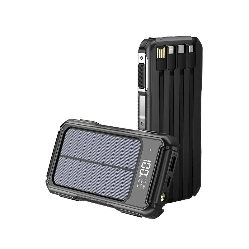 Military-grade mobile power bank in black, green, or orange, showing compact size next to a smartphone for scale.