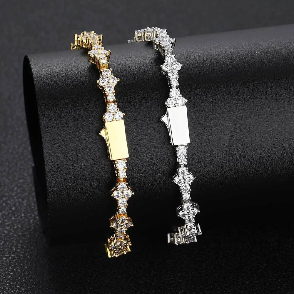 Spring fastener bracelet in copper with inlaid zircon, gold or platinum colour, 6.5mm width, hip hop unisex chain design