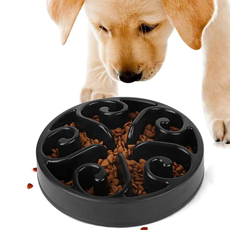 Colour options of an eco-friendly dog slow feeder bowl with maze pattern and non-slip base.
