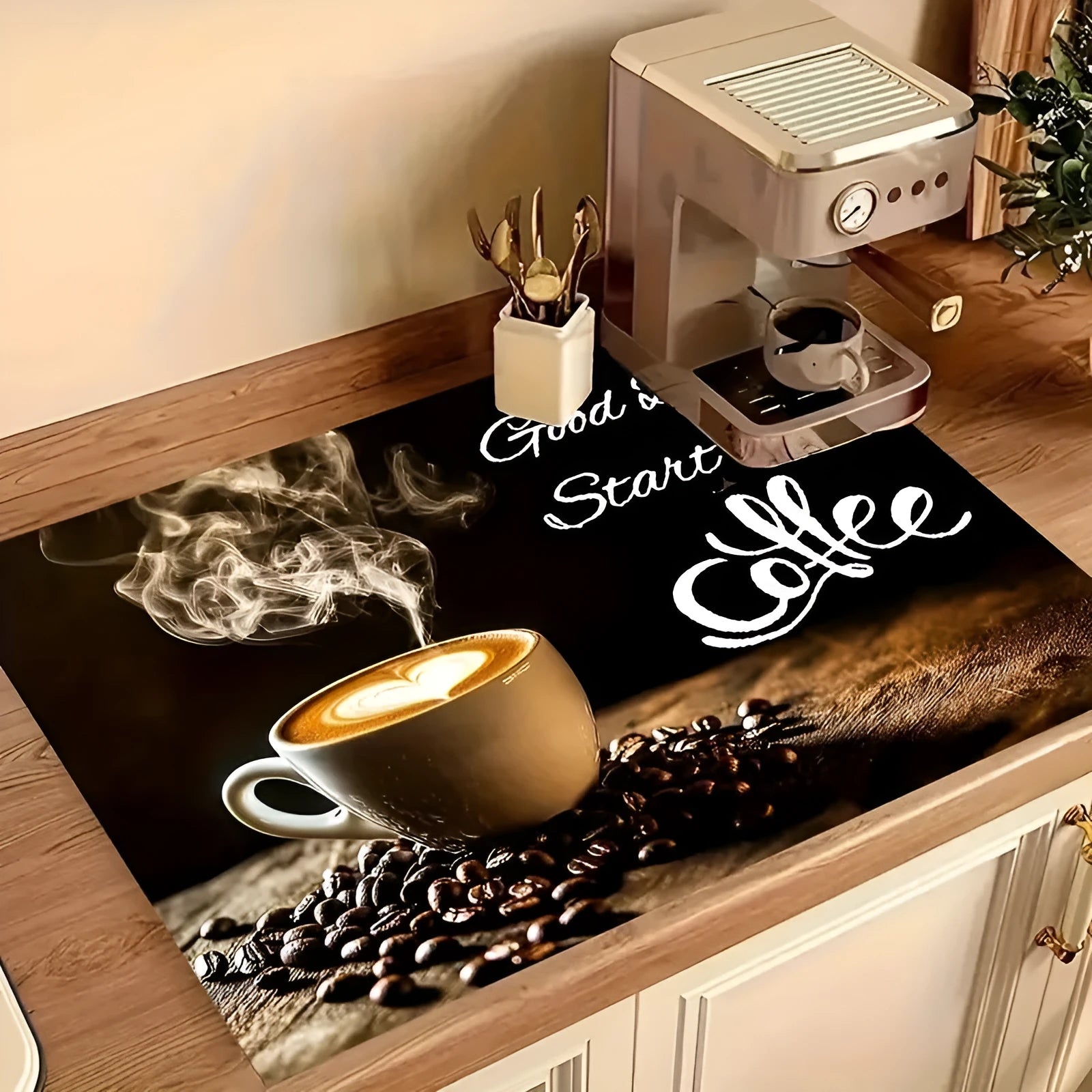 Kitchen countertop letter coffee maker water draining pad in PVC, square shape, K Coffee Time colour, modern simplicity style