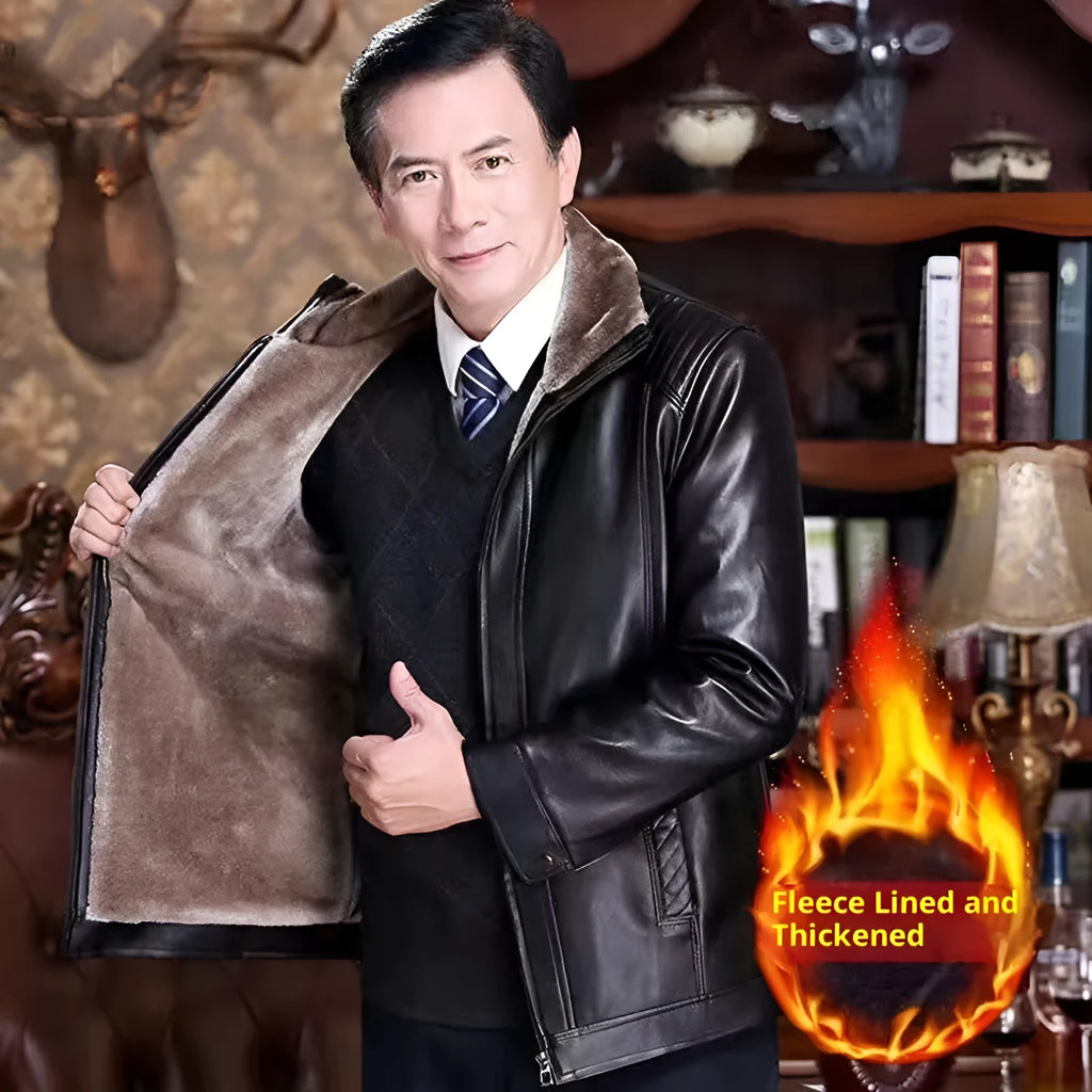 Casual fur-lined artificial leather jacket for older men in brown, side seam pockets, winter wear
