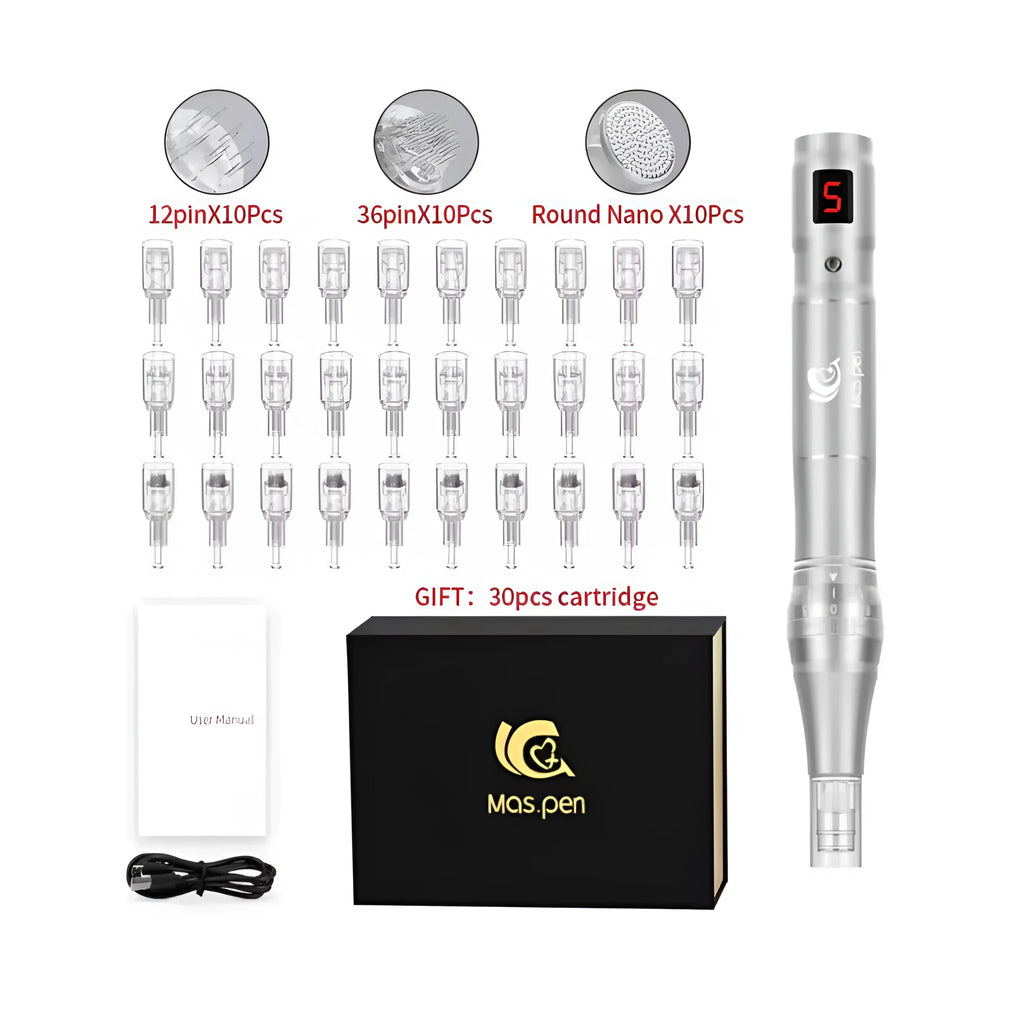 Silver electric derma pen with spiral mouth in a black metal case for microneedling.