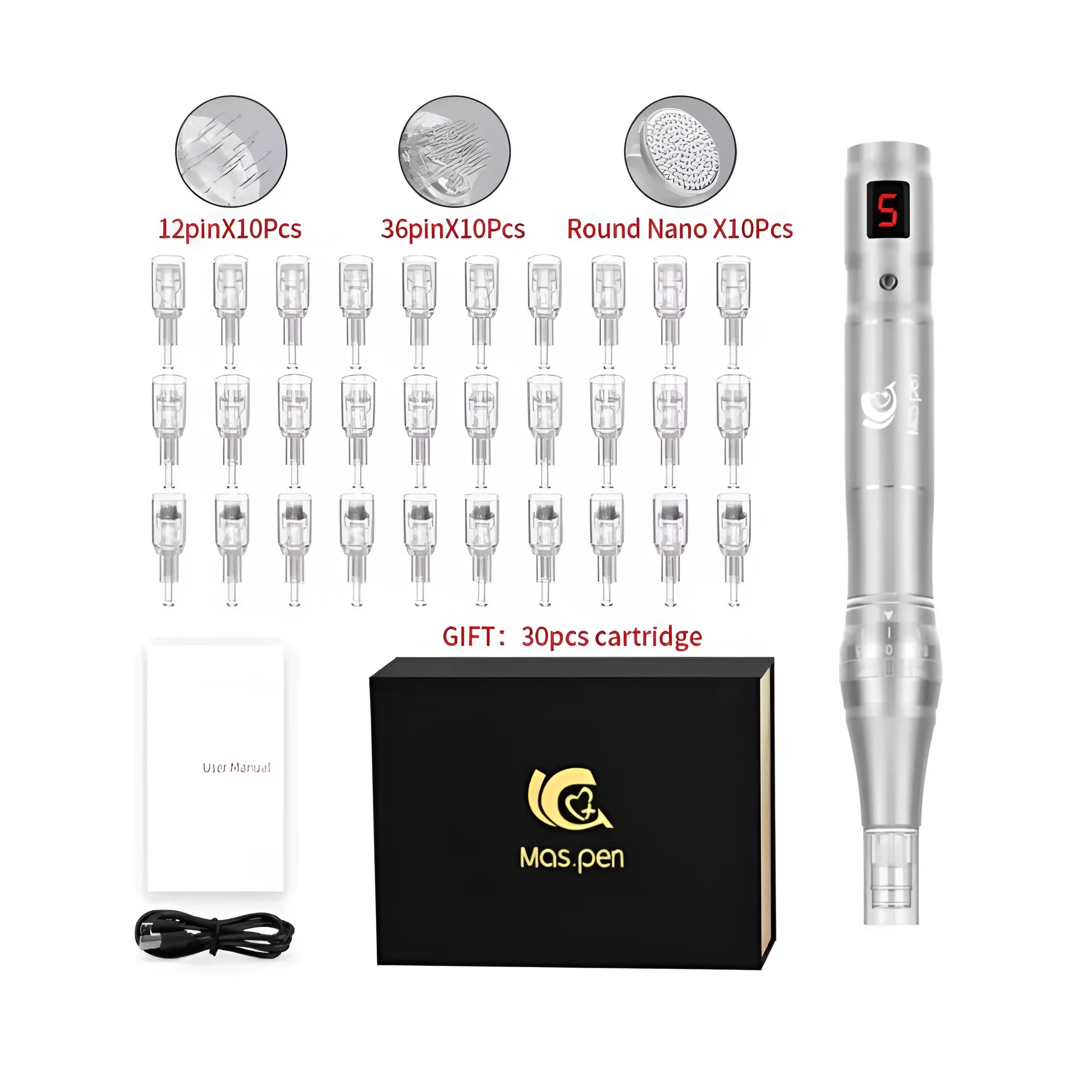 Silver electric derma pen with spiral mouth in a black metal case for microneedling.