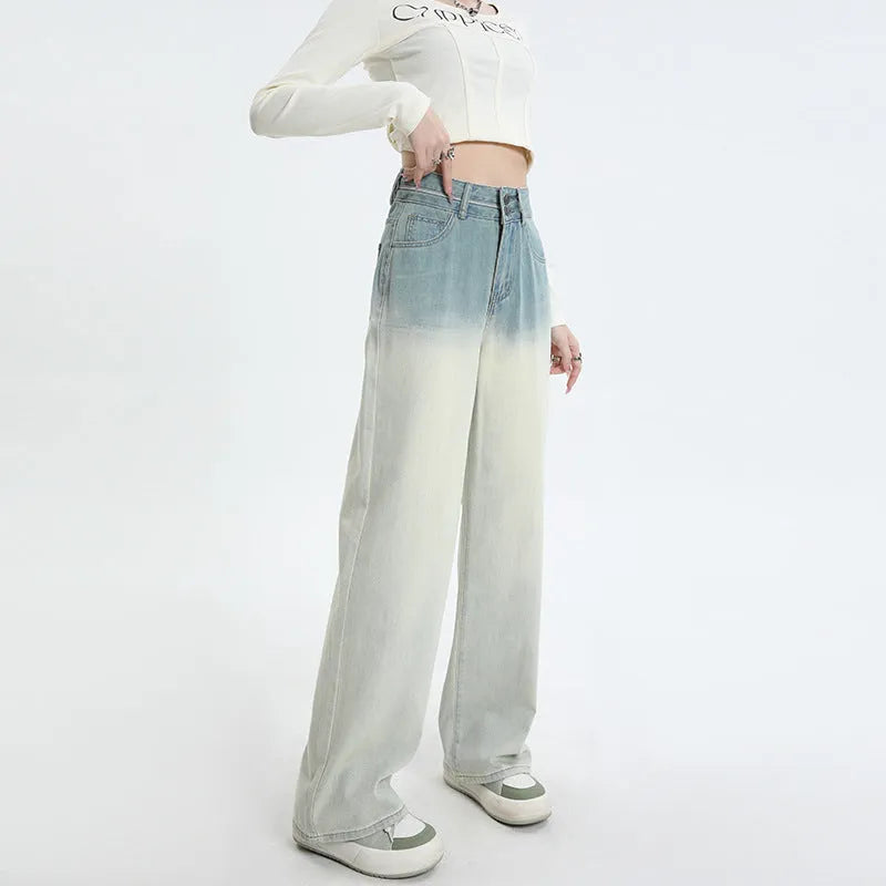 Women's gradient blue wide-leg straight-leg cotton denim trousers on a hanger.