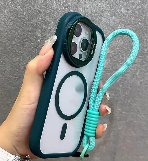 iPhone case with acrylic back, silica gel edge, lens film bracket, and hand rope in black