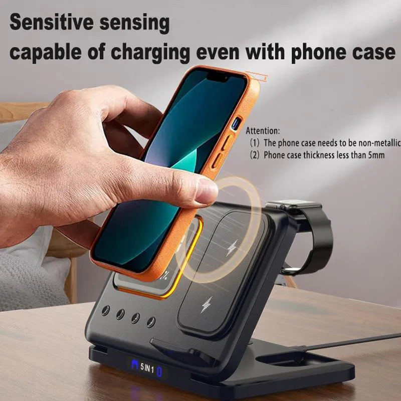 Black 15W wireless charging dock station with digital clock display charging a phone and watch