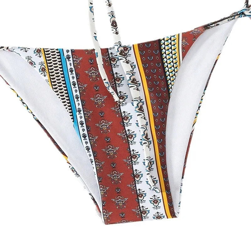 Women's printed lace-up split swimsuit in mixed colours