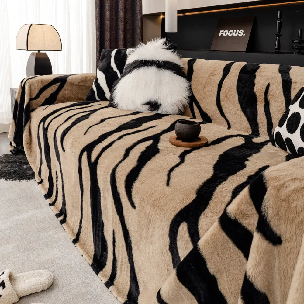 Zebra pattern flannel sofa slipcover with matching pillowcase in caramel colour option