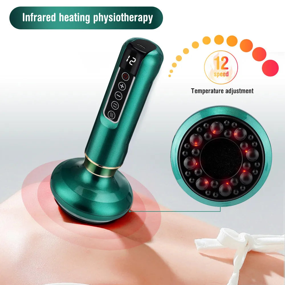 Green electric vacuum cupping massager with USB charger on a white background.
