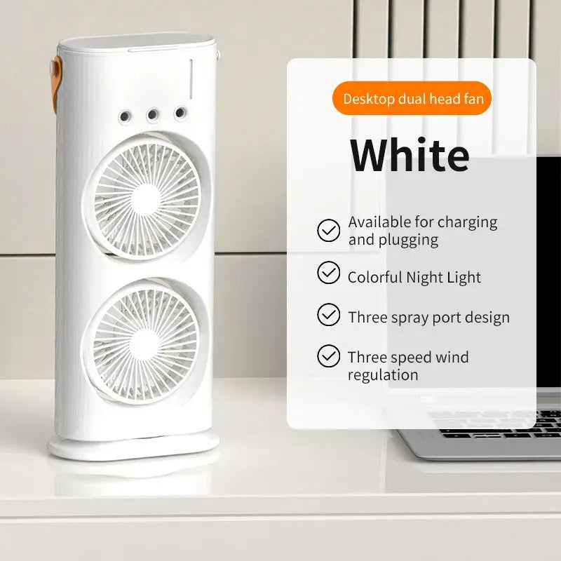 White portable double-ended spray fan air cooler with humidifying mist function and remote control