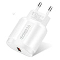 Compact black and white smart charger for mobile phones showing EU, UK, and US plug options