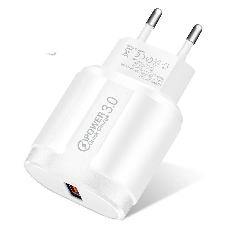 Compact black and white smart charger for mobile phones showing EU, UK, and US plug options