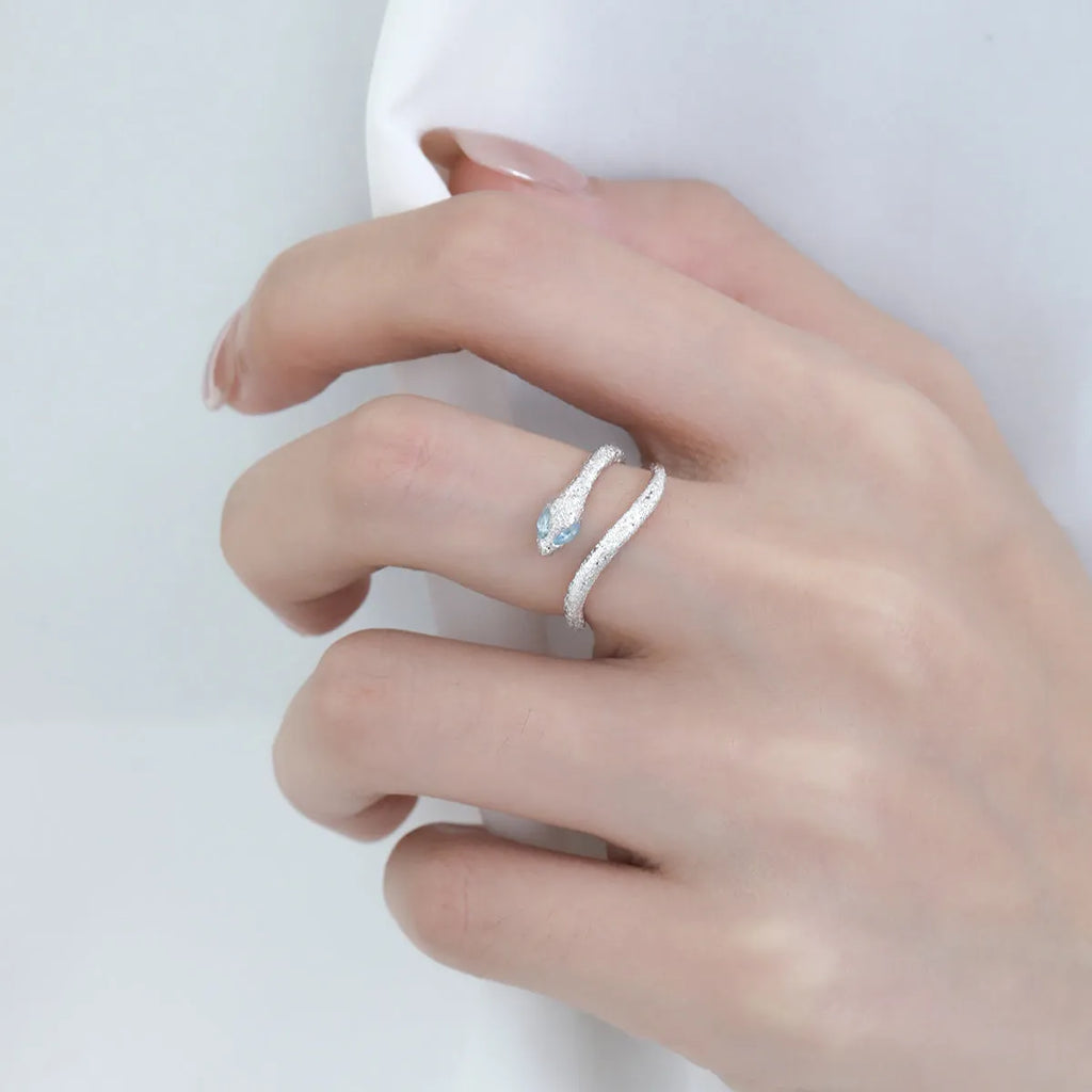 Adjustable opening silver snake zodiac ring with electroplated platinum finish