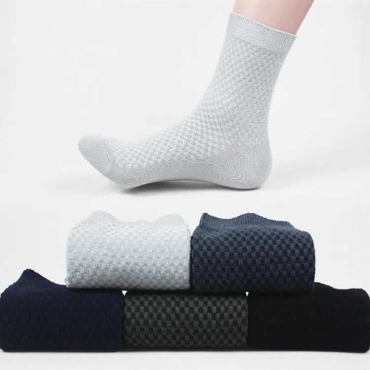 Men's bamboo fibre socks with a small square pattern in five colour options.