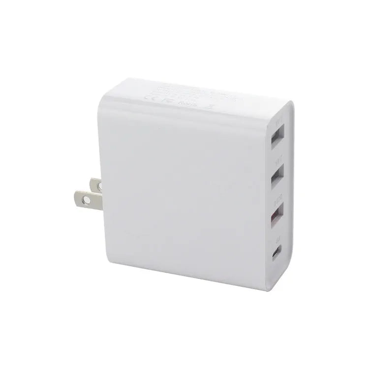 Black 48W USB-C four-port wall charger with UK plug on a white background