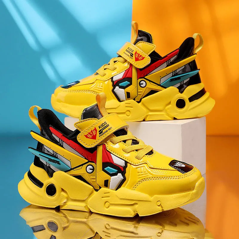 Boy's artificial leather sneakers with Velcro fastening in yellow, black red, or lake blue with cartoon pattern