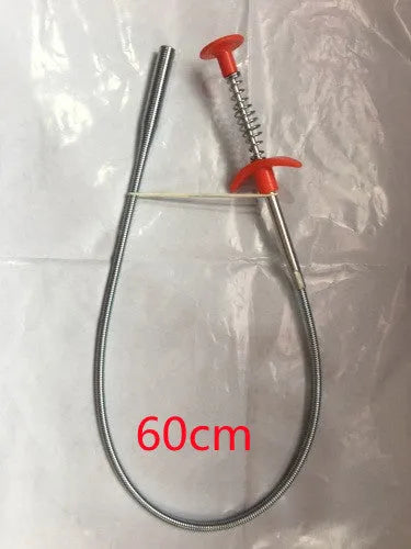 Flexible drain cleaning spring tool with gripped handle for removing hair from pipes