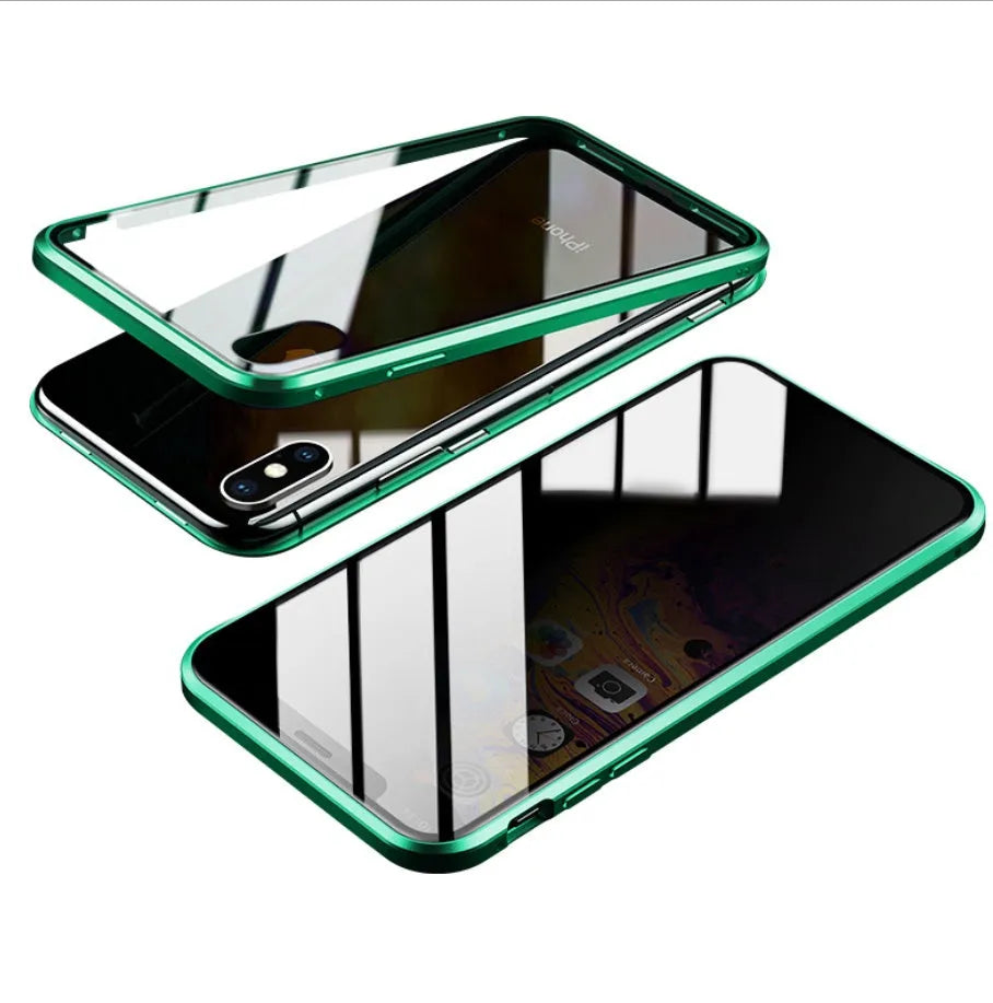 Geometric-patterned clamshell phone case in navy blue, open to show iPhone 13 Pro Max inside.