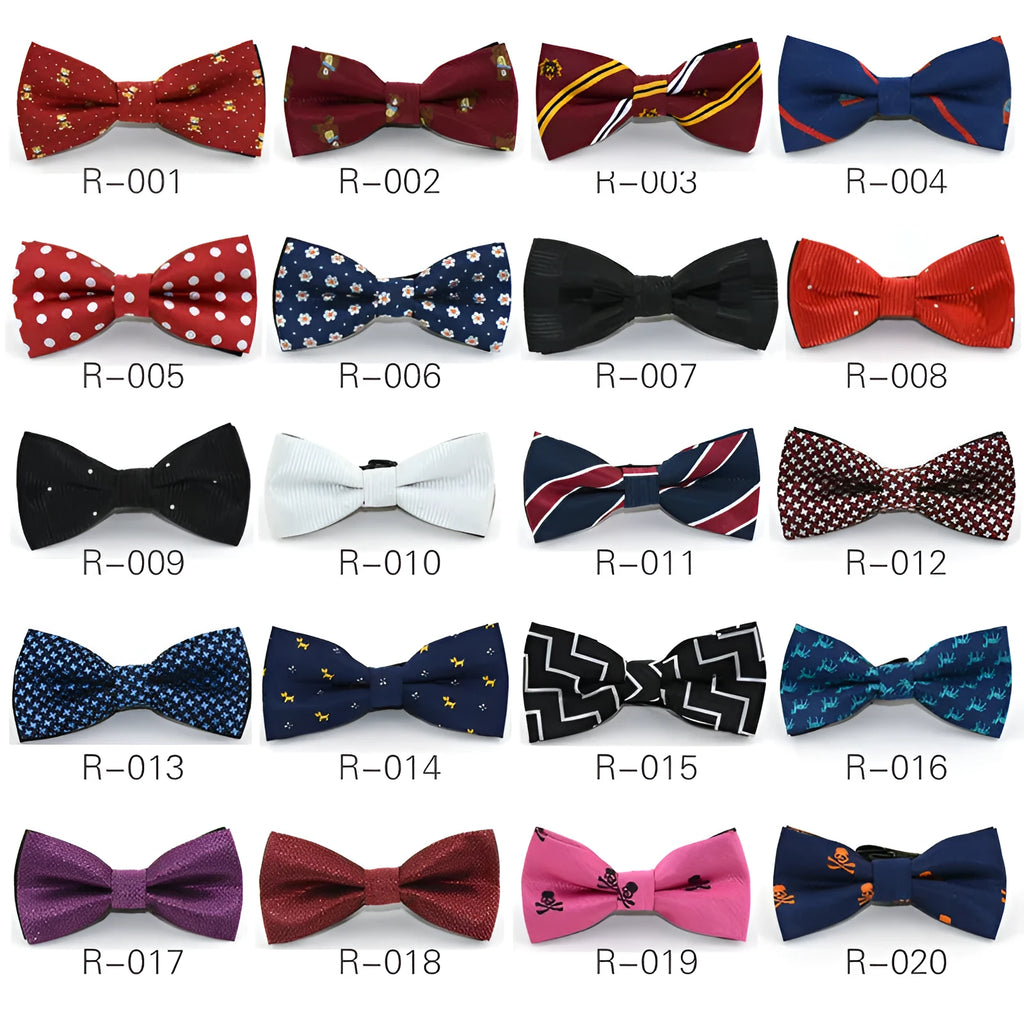 Children's polyester bow tie, 10cm by 5cm, with adjustable strap, available in 10 styles.