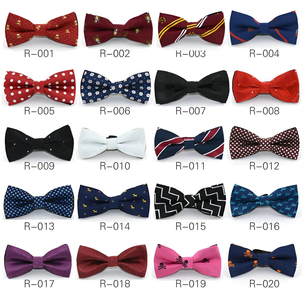 Children's polyester bow tie, 10cm by 5cm, with adjustable strap, available in 10 styles.