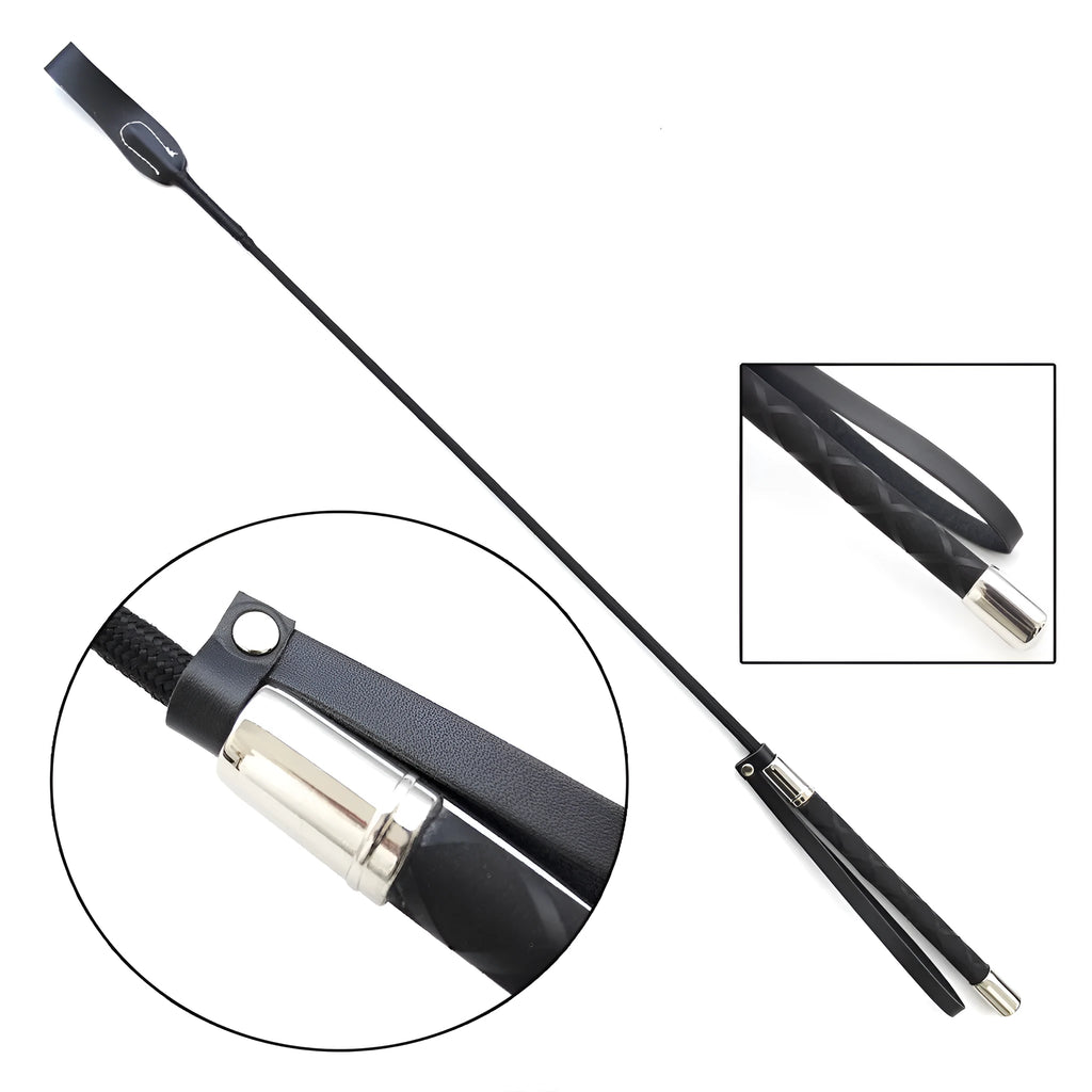 Black PU leather straight riding whip with non-slip handle and wrist strap, 70cm length option