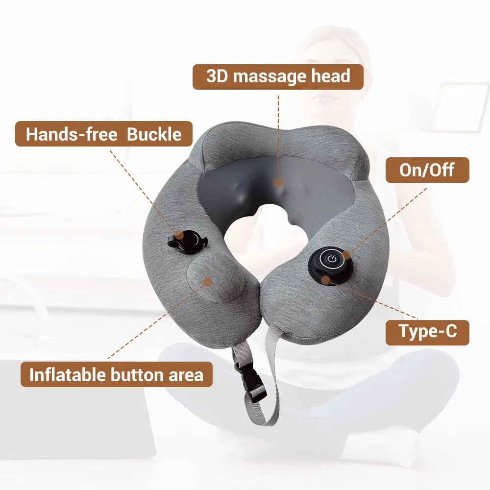 Gray inflatable U shape neck massager pillow with kneading 3 modes, deflated on a table with carry bag and USB cable