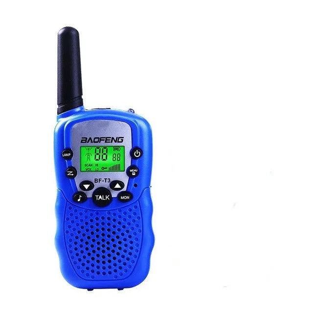 Child holding colourful walkie talkie with 22-channel display and push-to-talk button