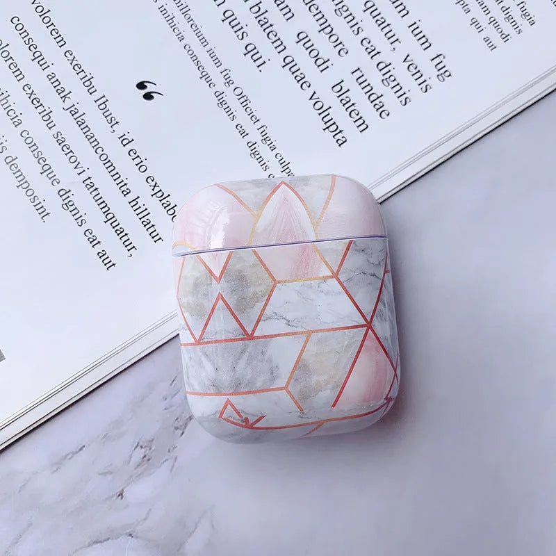 Hard white marble protective case for Apple AirPods 1 and 2 charging box.