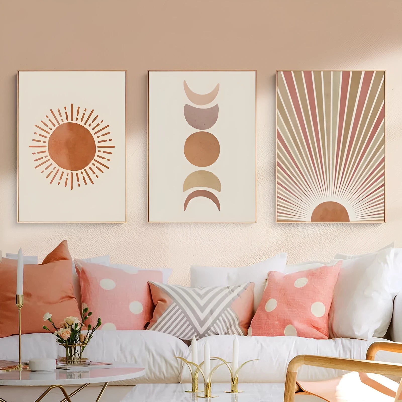 Abstract Nordic style pink canvas wall art with aluminium alloy frame on living room wall