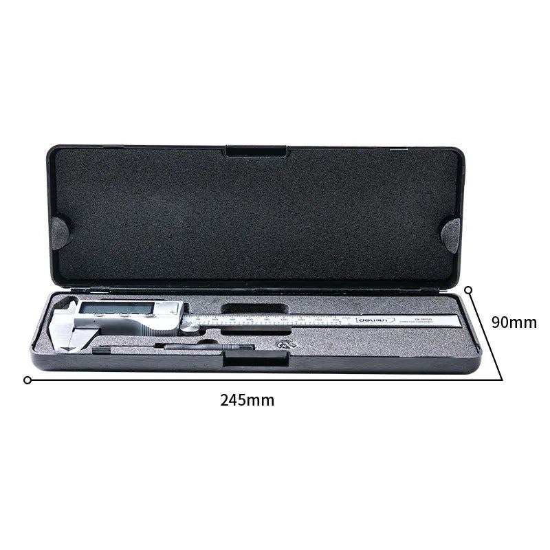Deli digital vernier caliper stainless steel measuring tool with digital display showing 0.01mm resolution