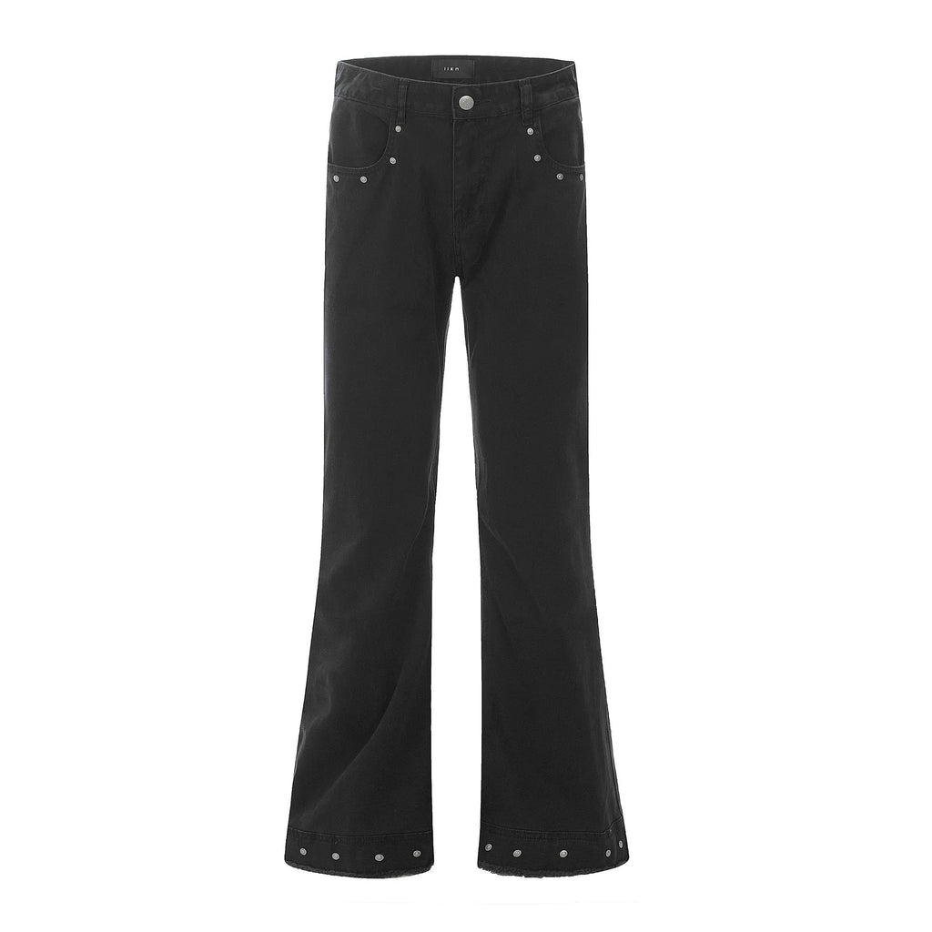 Black and grey green cotton retro skinny jeans with a straight leg and horn opening on a mid waist.