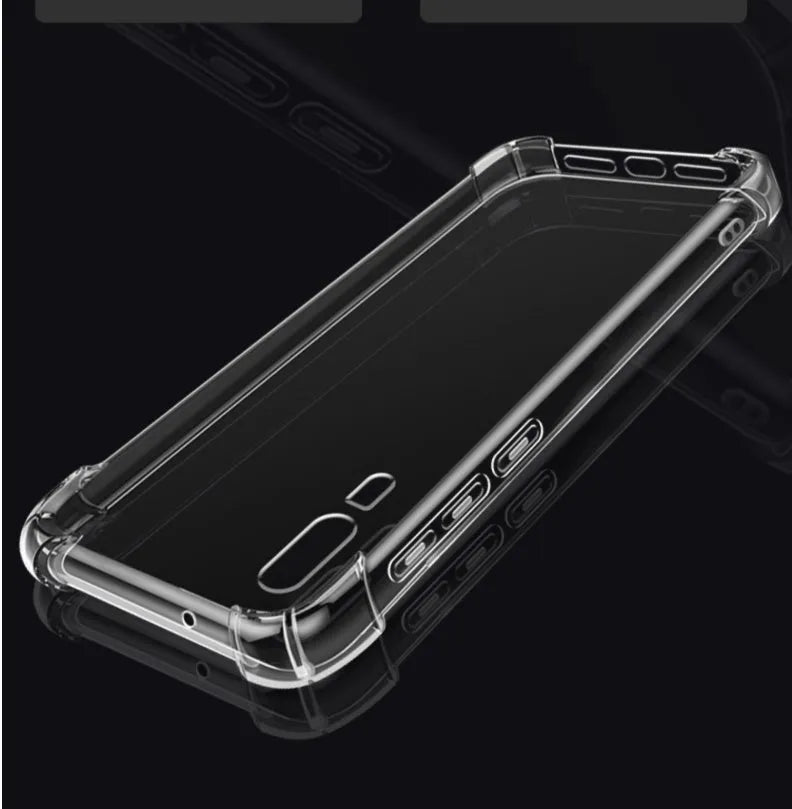 Transparent TPU phone case showing Huawei smartphone inside with visible ports and buttons
