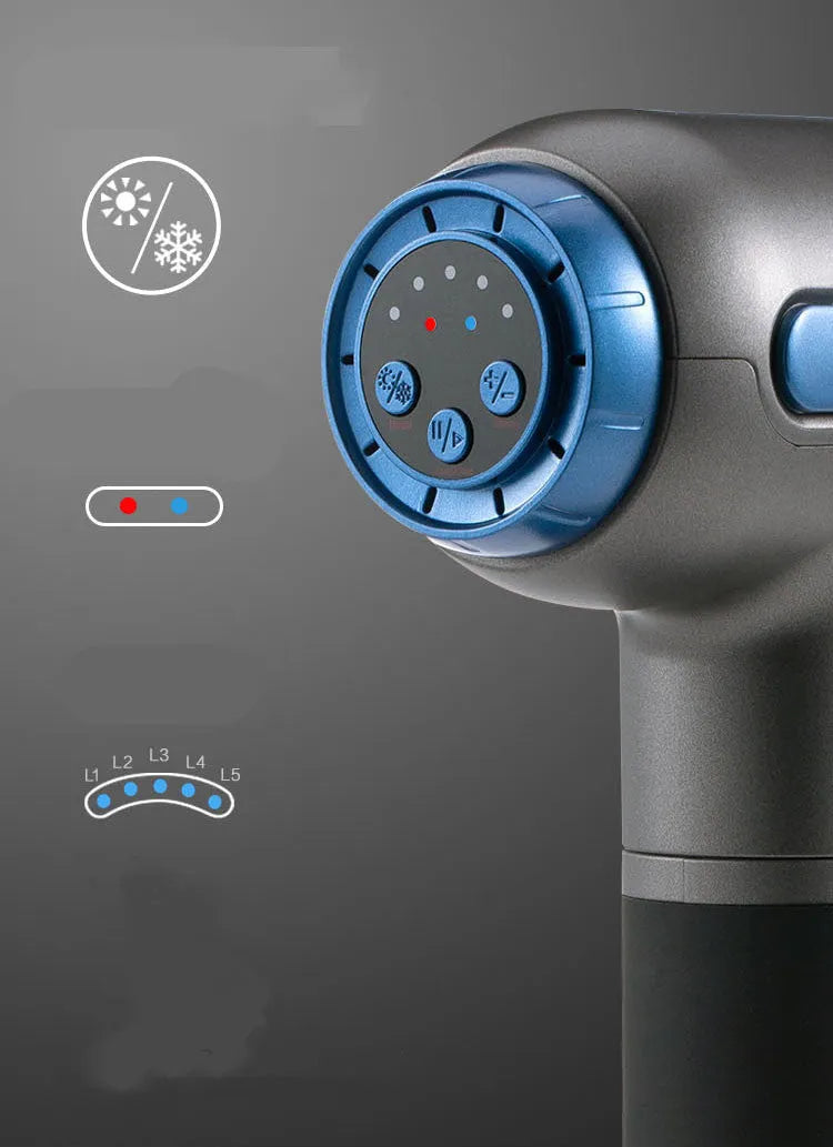 Handheld muscle massager with hot and cold compress, five massage heads, gun colour PC+ABS shell