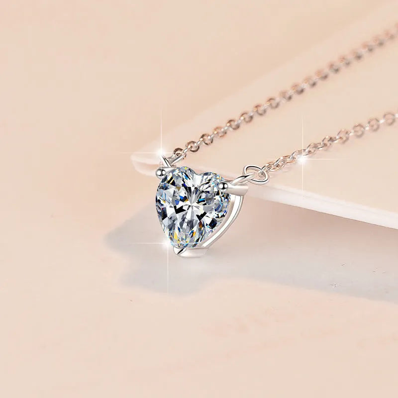 925 silver heart shaped pendant necklace with D colour moissanite stone and adjustable cross chain