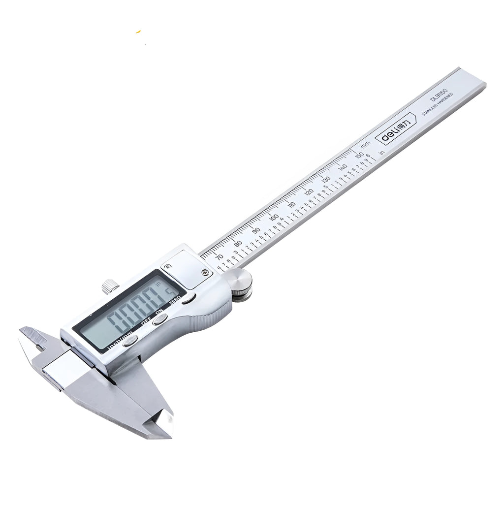 Deli digital vernier caliper stainless steel measuring tool with digital display showing 0.01mm resolution