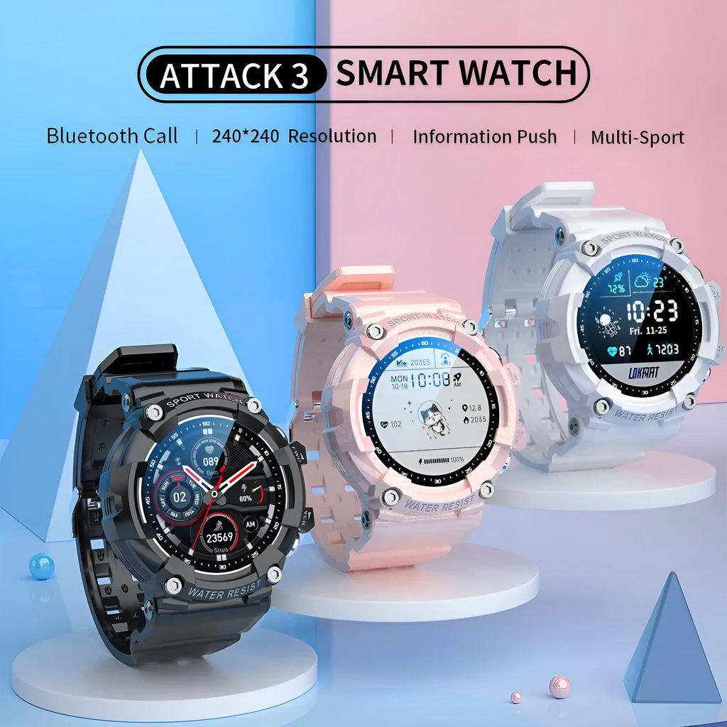 ATTACK 3 IP67 waterproof smart sports watch in black with round colour display