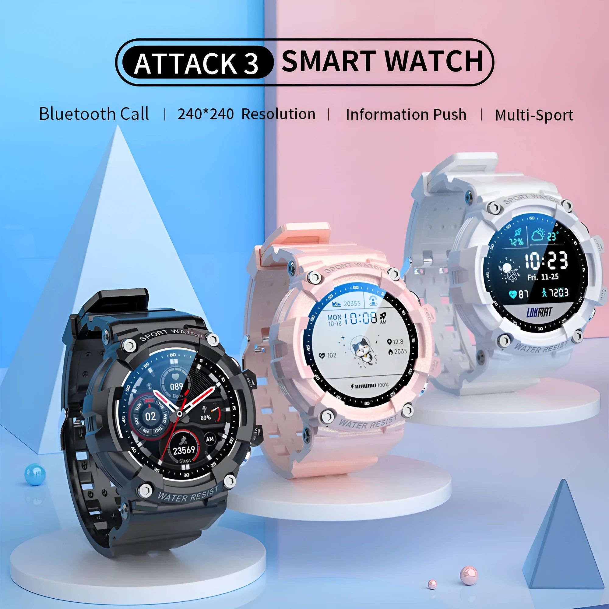 ATTACK 3 IP67 waterproof smart sports watch in black with round colour display