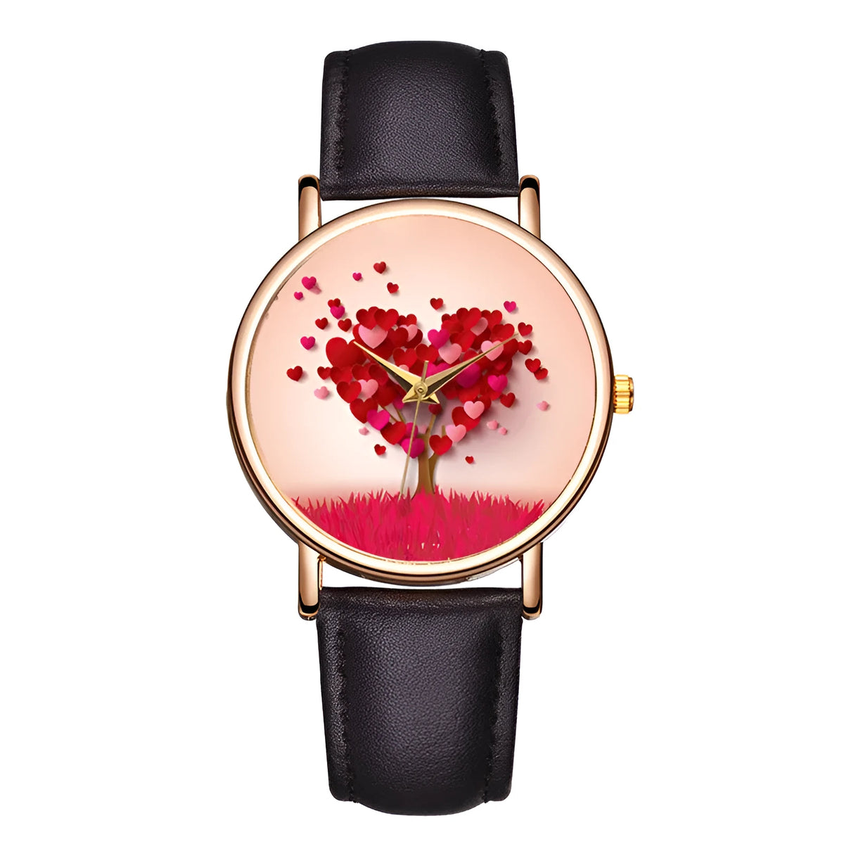 Love Tree round dial leather strap casual wrist watch in black on a tabletop