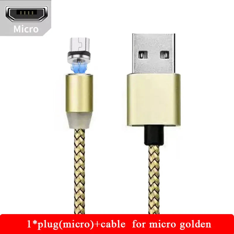 1 metre magnetic LED charging cable with cotton woven cord and three-in-one connector in aluminium shell