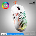 Free Wolf X2 wireless gaming mouse in black with RGB lighting lit, shown next to its USB-C cable and nano receiver.