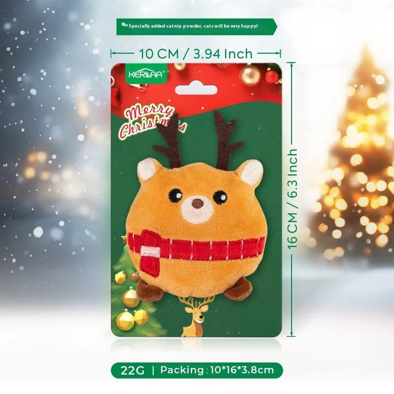 Christmas cat plush toy with catnip stuffing in festive designs including Santa Claus and Christmas Tree.